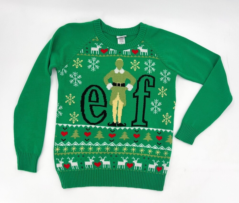 ELF Christmas Sweater Adult Unisex Large Green ELF Movie Pullover Snowflake Budd